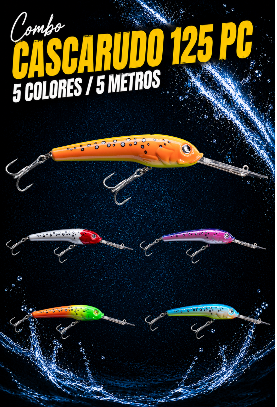 Combo x5 Cascarudo 125 Paleta Corta - 5 m - Trolling/Baitcasting